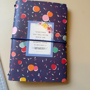May include: A closed journal with a dark blue cover decorated with colorful confetti-like shapes. A rectangular label with floral accents and the text "Sometimes you will never know the value of a moment until it becomes a memory" is centered on the cover.