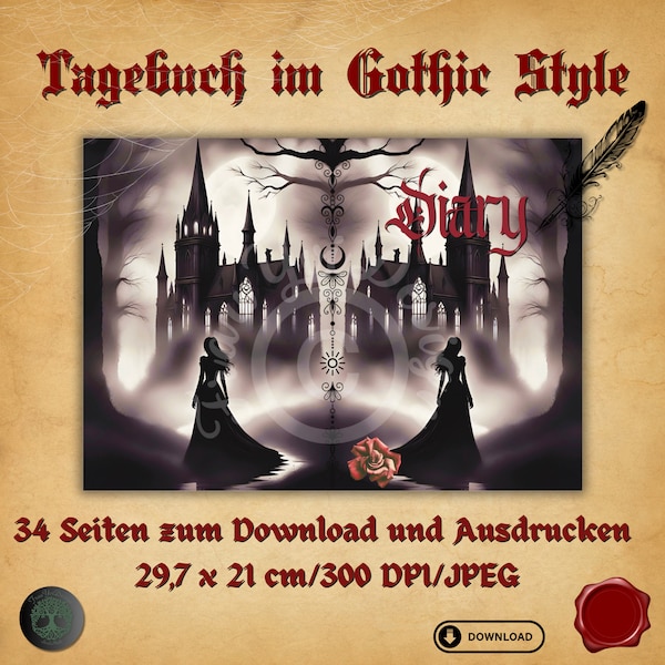 Tagebuch/Diary im Gothic style/Vintage, druckbare JPG Seiten, digitaler Download