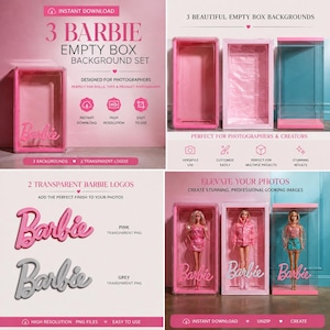 May include: A digital download set featuring three empty pink doll box backgrounds and two transparent Barbie logos in pink and grey. The set includes high-resolution files for photography, showing examples of dolls inside the boxes.