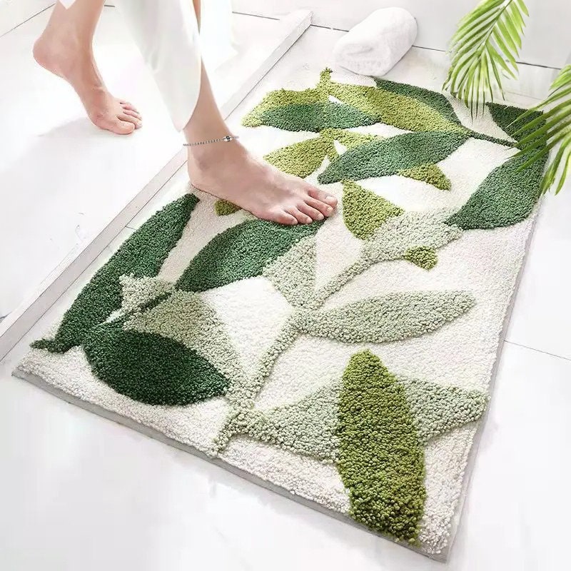 Green Leaves Bath Mat, Large Microfiber Mat, Non Slip Backing Strong