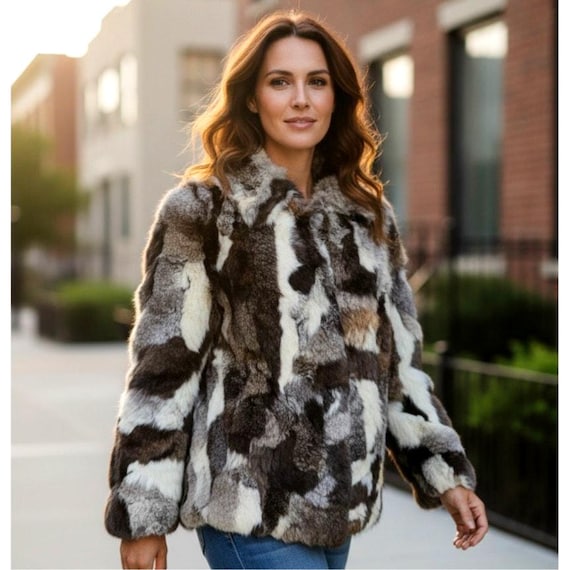 Vintage Patchwork Rabbit Fur Coat Jacket Size M F… - image 1