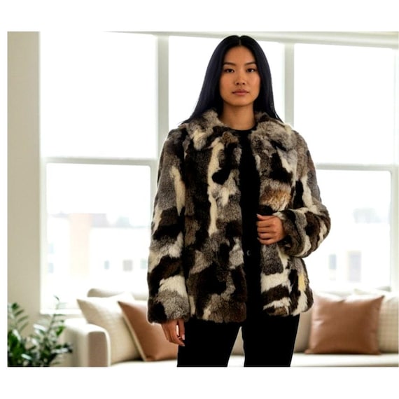 Vintage Patchwork Rabbit Fur Coat Jacket Size M F… - image 2
