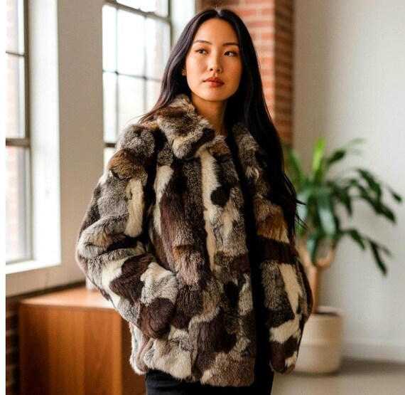 Vintage Patchwork Rabbit Fur Coat Jacket Size M F… - image 3