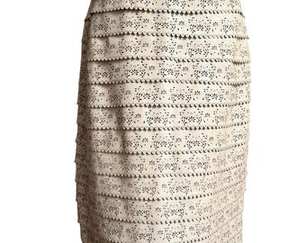 Vintage Escada 100% Lamb Leather Laser Cut Tiered Midi Skirt Women's EU 38 Ivory