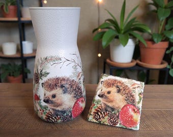 Cute hedgehog flower vase and coaster gift set, hedgehogs, gifts for mum, gifts for nan, housewarming, birthday, cottagecore, country decor
