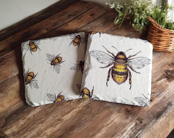 Set of 2 slate bee coasters, bee decor, bee gifts, honey bee, bee kind, housewarming gifts, summer decor, gifts for her, drink coasters
