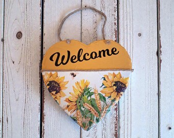 Sunflower Slate Hanging Heart Welcome Sign, sunflower decor, sunflower gifts, welcome sign, hallway decor, birthday, housewarming