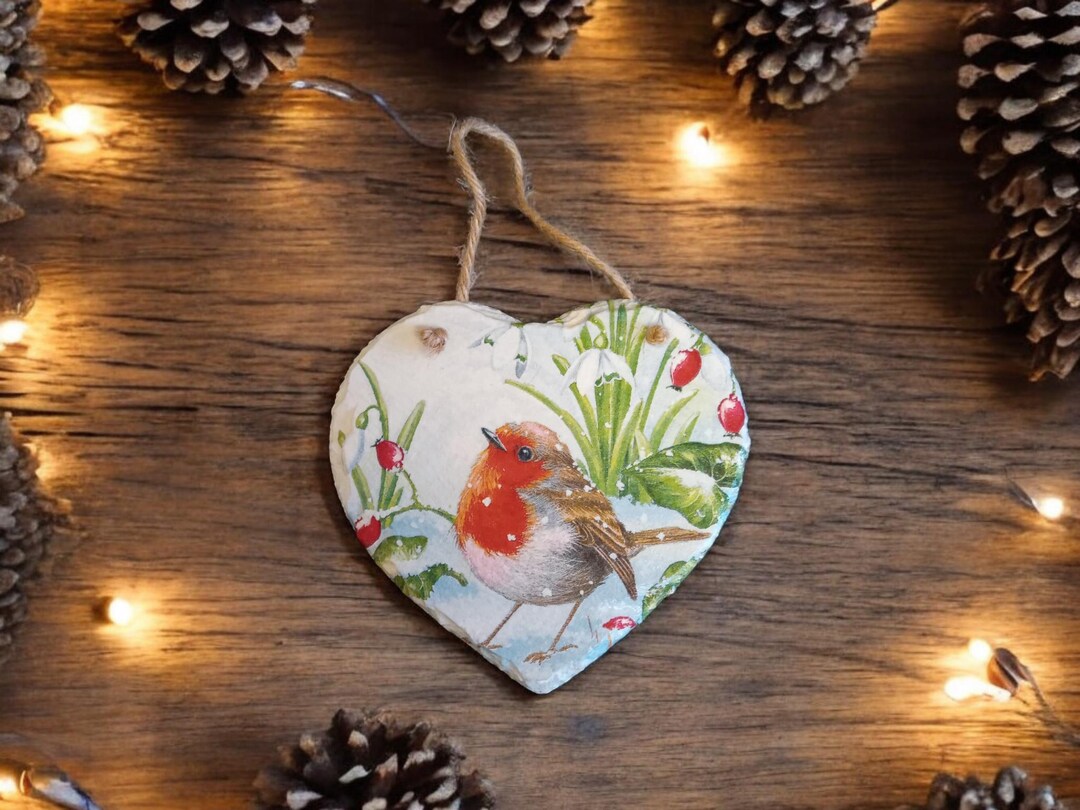 Hanging Slate Heart With Robin and Snowdrops, Christmas Decor ...