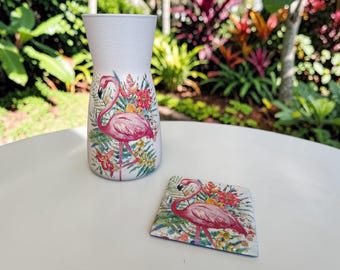 Tropical flamingo flower vase and coaster gift set, flamingo gifts, gifts for mum, housewarming, birthday, summer decor, gift sets