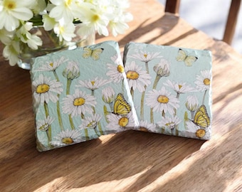 Daisy Decoupage Slate Coasters: Cottagecore Spring Decor (Set of 2)