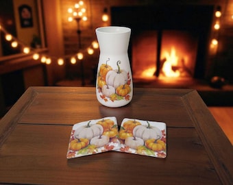 Pumpkin Vase Gift Set: Decoupage Autumn Decor with Matching Coasters