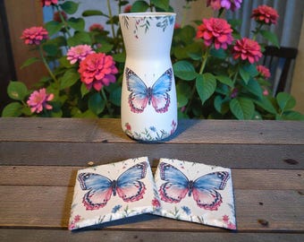 Butterfly gift set, flower vase and set of 2 coasters, butterfly decor, butterfly gifts, housewarming, birthday, gifts for her, mothers day