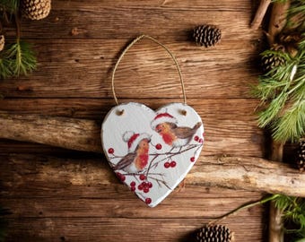 Christmas robins hanging slate heart, christmas decor, robin gifts, wall decor, wall art, robin lover, gifts for mum, gifts for nan