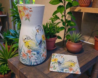 Stunning tropical budgie flower vase and coaster gift set, bird lover, gifts for mum, gifts for nan, housewarming, birthday, budgie gift