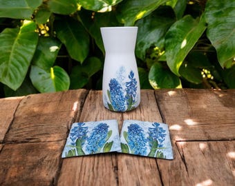 Hyacinth gift set, flower vase and coaster gift set, birthday, gifts for her, gifts for mum, gifts for nan, blue decor, hyacinth gifts