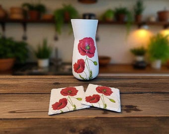 Poppy gift set, vase and 2 matching coasters, poppy decor, poppy gifts, poppy lovers, housewarming, birthday, remembrance, anniversary