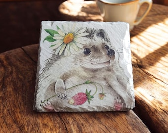 Cute hedgehog slate coaster, drinks coaster, hedgehog gifts, hedgehog decor, birthday, Christmas, housewarming, cottagecore, wildlife decor
