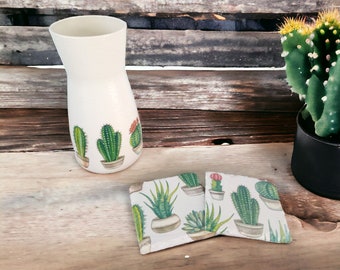 Stunning cactus gift set, flower vase and set of 2 coasters, housewarming, Mexican decor, cactus lover, plant gifts, birthday, Christmas