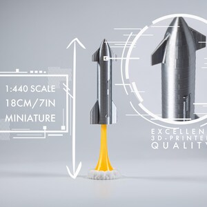 May include: A silver 3D-printed miniature rocket, 7 inches tall, with yellow flames and a white cloud base. The image includes text that reads "1:440 scale miniature" and "Excellent 3D-printed quality."