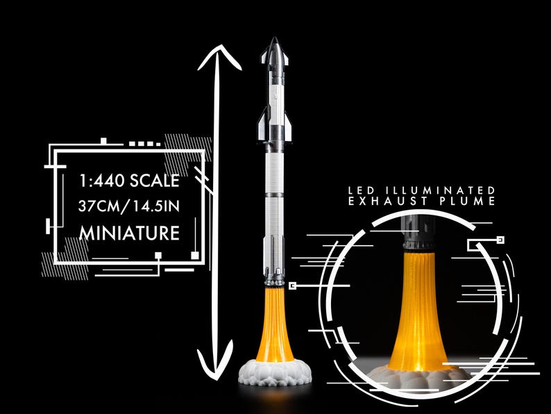 May include: A miniature rocket model, 14.5 inches tall, with a white and silver body and an illuminated orange exhaust plume. The model is labeled as 1:440 scale and includes the text "LED Illuminated Exhaust Plume".