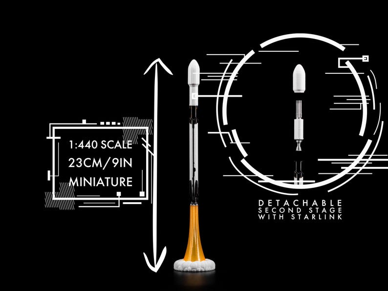 Op de afbeelding: Een miniatuur raketmodel, 23 cm hoog, met een afneembare tweede trap. De raket heeft een witte en zwarte behuizing, een oranje basis en witte uitlaat. De tekst "1:440 SCALE 23CM/9IN MINIATURE" en "DETACHABLE SECOND STAGE WITH STARLINK" is inbegrepen.