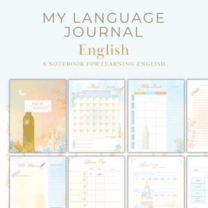 May include: A notebook with the title "My Language Journal" and the word "English" in gold lettering. The notebook has a watercolor design with images of Big Ben and other decorative elements. The notebook is designed for learning English.