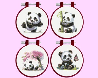 Panda Cross Stitch Pattern - 4 Pandas Bundle Set,  Instant Download