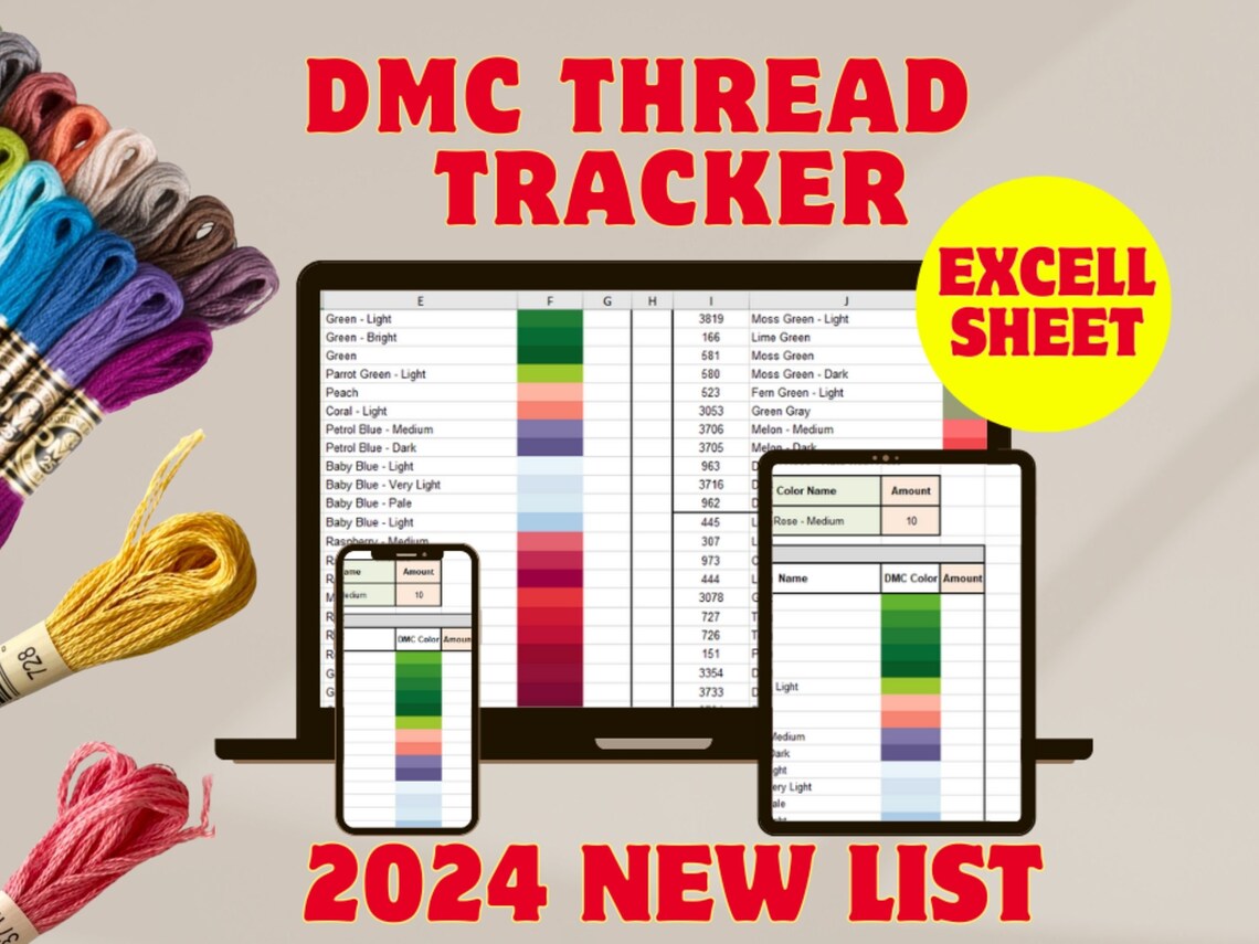 DMC Thread Color Chart Tracker Inventory Spreadsheet, DMC Embroidery