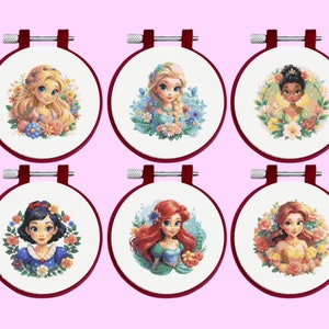 Princess Cross Stitch Pattern, 6 Princesses  Bundle Set,  frozen elsa, belle, snow white, ariel, tiana, rapunzel, instant download