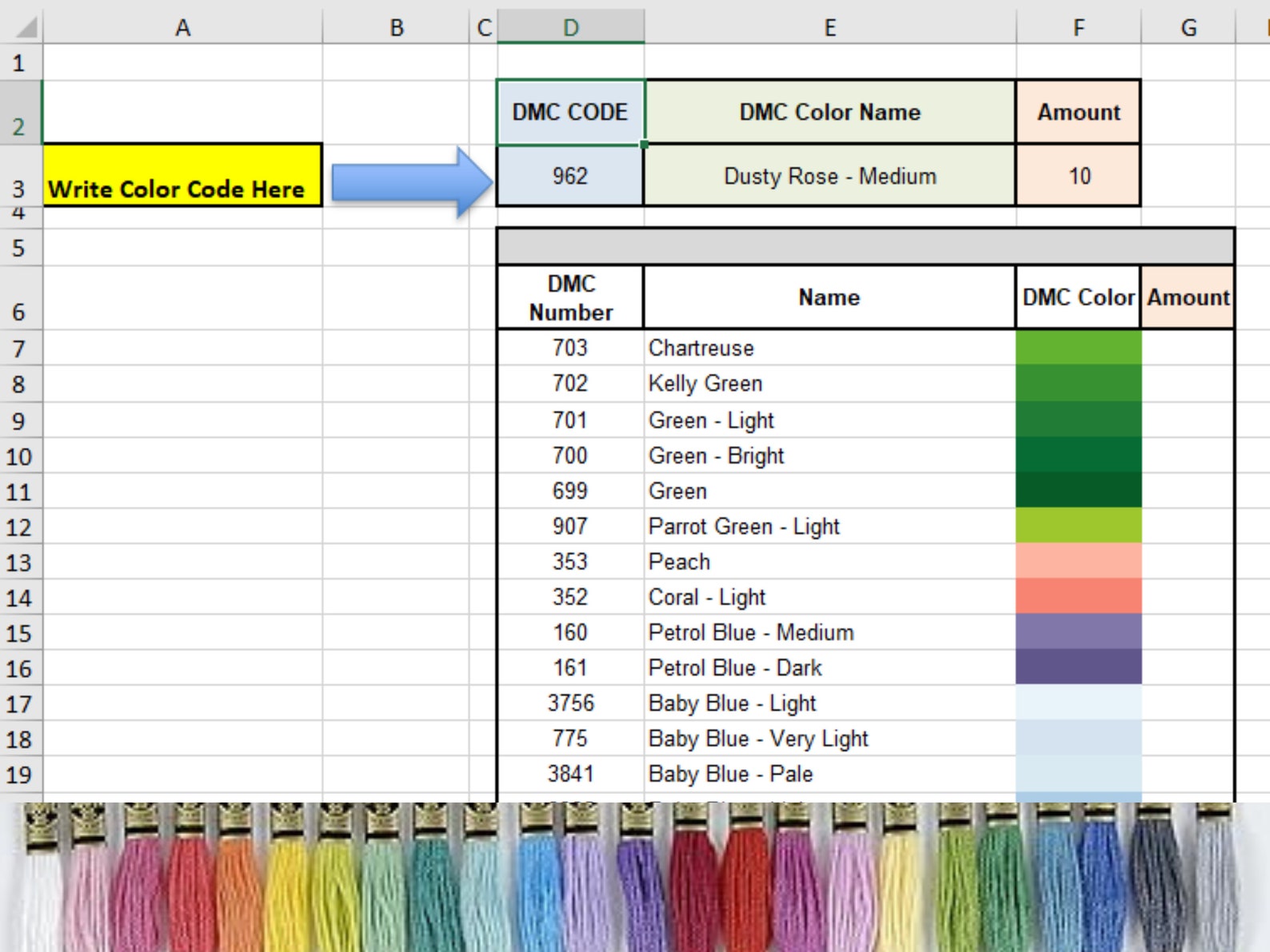 DMC Thread Color Chart Tracker Inventory Spreadsheet, DMC Embroidery