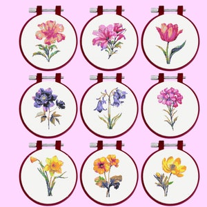 Spring Flowers Cross Stitch Pattern, 9 Flowers embroidery Bundle Set - Instant Download,