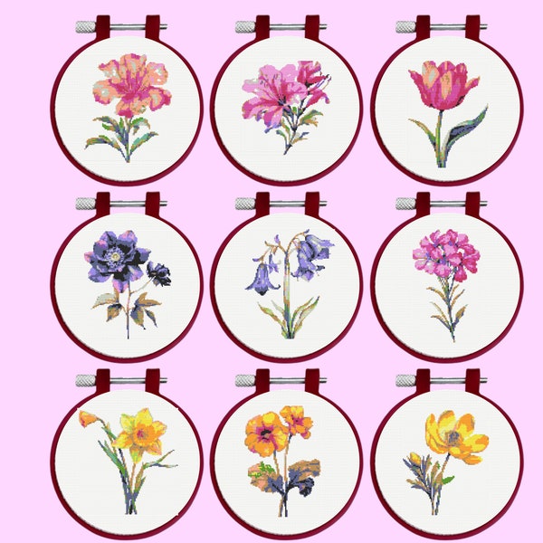 Frühlingsblumen Kreuzstichmuster, 9 Blumen Stickerei Bundle Set - Instant Download