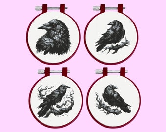 Raven Cross Stitch patroon, 4 Ravens Cross Stitch patroon, bundelset, direct downloaden