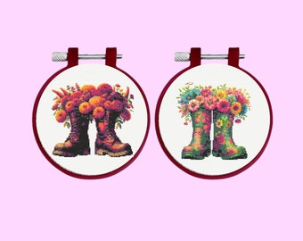 Garden Boots Cross Stitch Pattern, 2 Boots Bundle Set - Instant Download