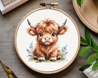 Baby Highland Cow Cross Stitch Pattern, Highland Cow Cross Stitch Pattern, embroidery - Instant Download