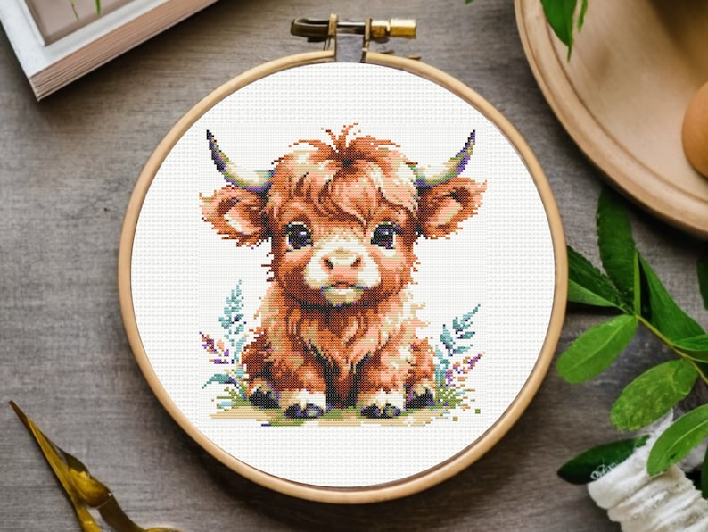 Baby Highland Cow Cross Stitch Pattern, Highland Cow Cross Stitch Pattern, embroidery Instant Download imagem 1