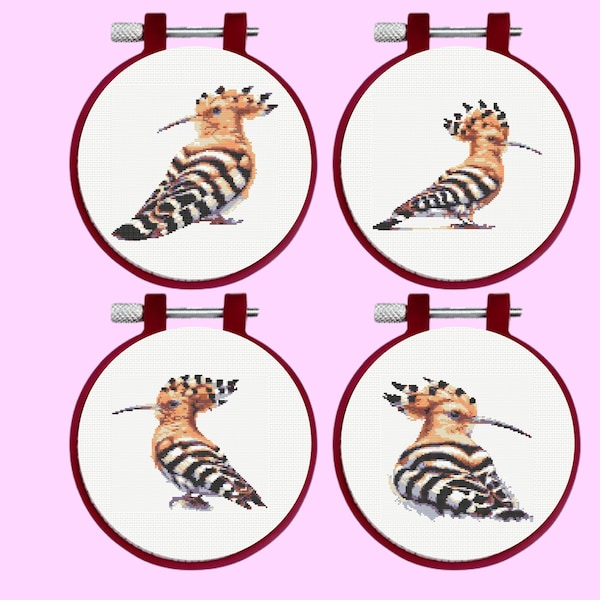 Hoopoe Cross Stitch Pattern - 4 Hoopoes embroidery Bundle Set,- instant Download