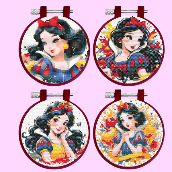 Snow White Cross Stitch Pattern, 4 Princess Bundle Set, instant Download