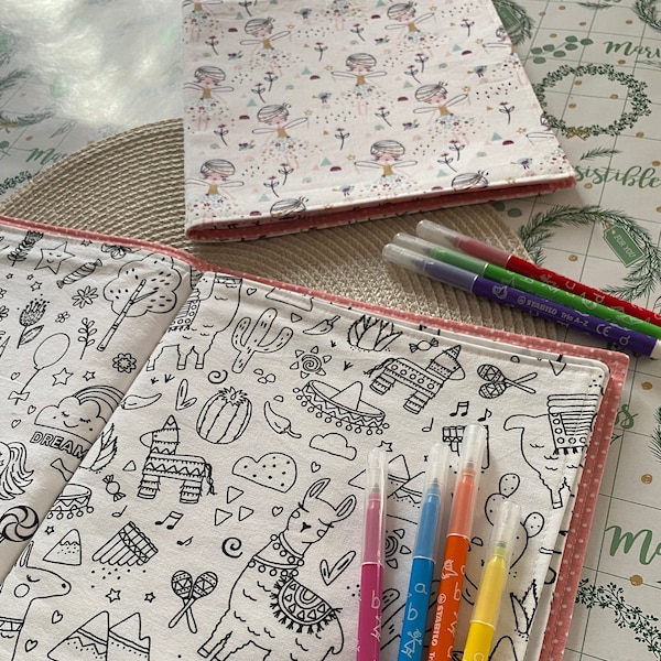 Cahier de coloriage en tissu lavable - Fées rose, danseuse, princesse, lama, licorne, dinosaure.