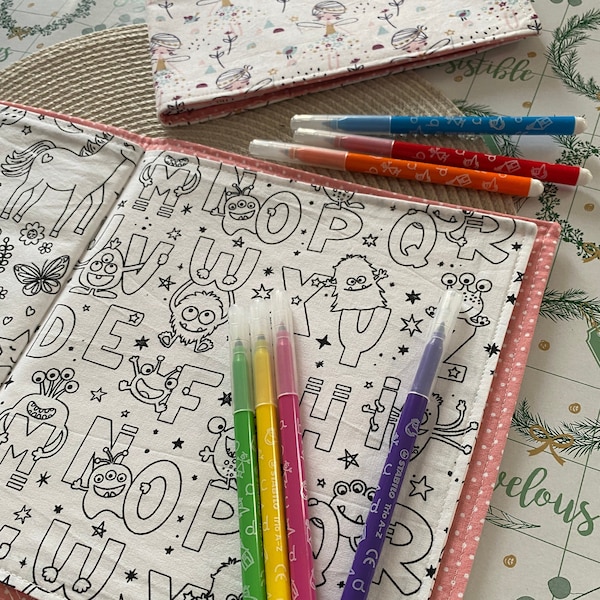 Cahier de coloriage en tissu lavable - Fées rose, loutre, alphabet, licorne, princesse, sirène