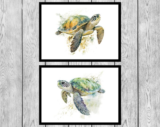 Turtle Prints, Set of 2 Sea Turtle Wall Art Pictures, Watercolour ...