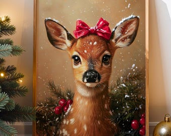 Può includere: Una stampa incorniciata di un cervo con un fiocco rosso, circondato da vegetazione e bacche. L'opera d'arte ha uno sfondo morbido e innevato, che suggerisce un tema invernale o natalizio. Un albero di Natale e ornamenti sono in primo piano.