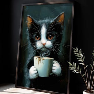 Cute Coffee Cat Wall Art Printable, Black and White Kitten Digital Download, Funny Cat and Coffee Poster for Kitchen, Office or Café Deco
