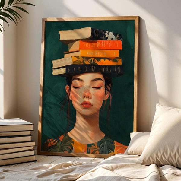 Cuadro decorativo para amantes de los libros, decoración moderna para la lectura, impresión de retrato llamativo (descarga digital)