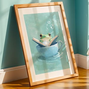 Funny frog in cup with book wall print