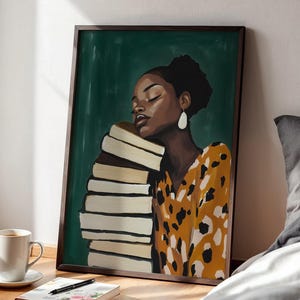 Book Lover Wall Art | Black Woman with Books Printable | Cozy Reading Decor | Digital Download Art | Study Room | Home Library Print