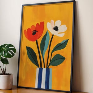 Bold Floral Wall Art, Modern Flower Print, Red & White Poppies, Colorful Vase Art, Abstract Botanical Digital Download, Boho Home Decor