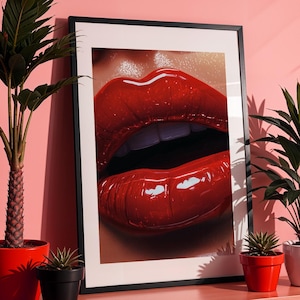 Glossy Red Lips Digital Wall Art - Bold Glam Lip Art for Bedroom, Makeup Room Decor & Salon Wall Art, Printable Beauty Poster Download