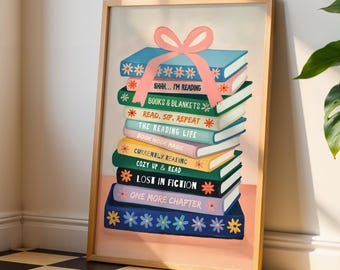 Pastel Book Stack Print: Floral Reading Nook Art (Digital Download)
