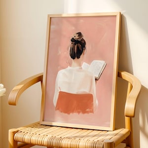 Cozy Reading Wall Art, Woman with Book Painting, Neutral Aesthetic Print, Digital Download, Literary Home Decor, Book Lover Gift
